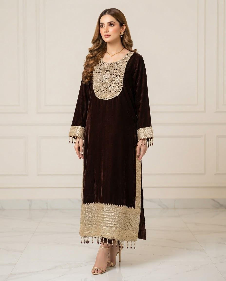 Velvet Embroidered Stitched 2pc Suit