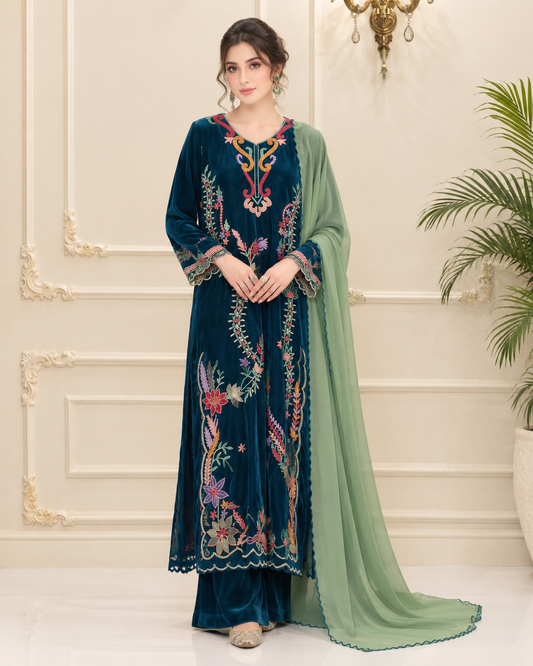 Velvet Embroidered Stitched 3pc Suit