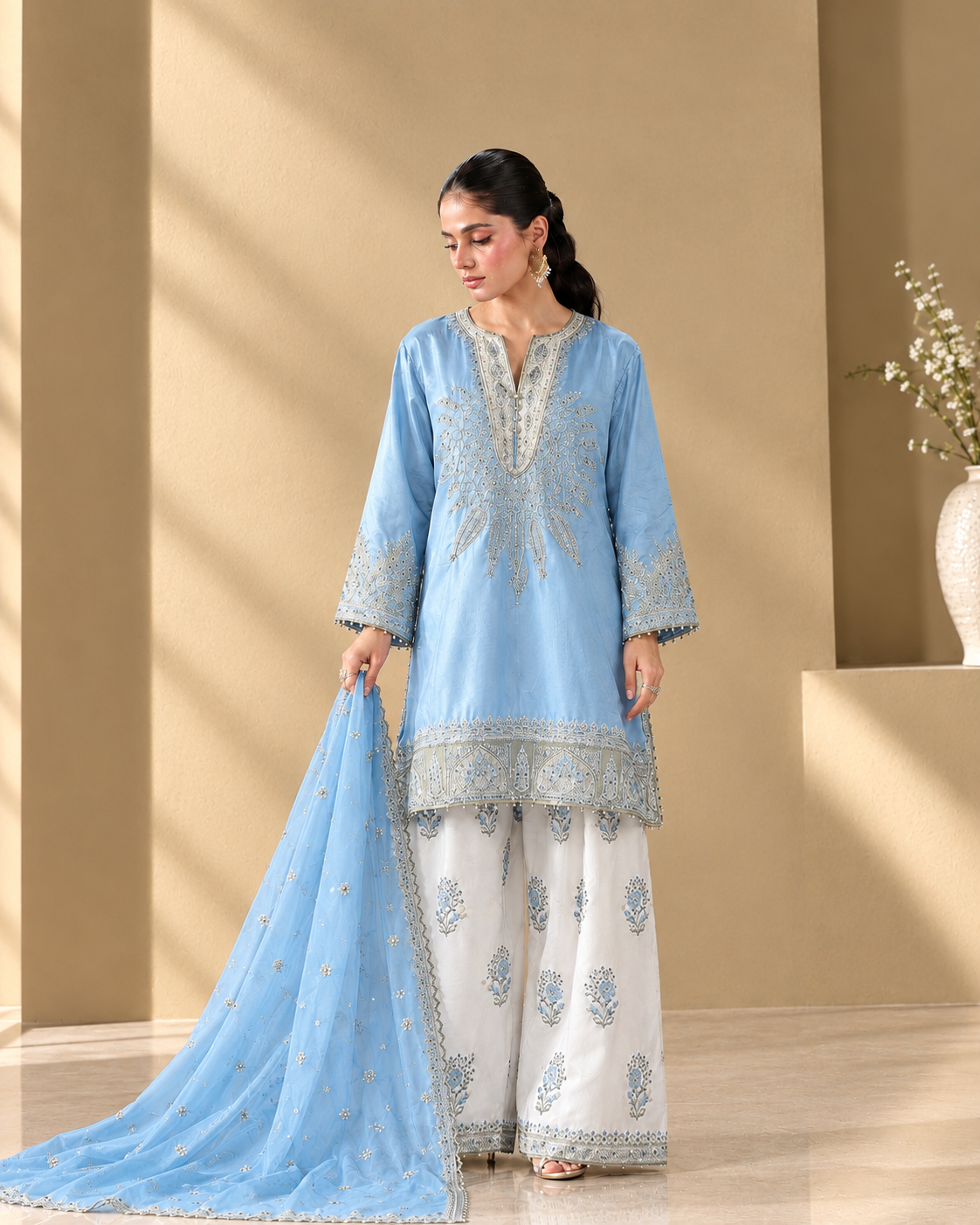 Silk Embroidered Stitched 3pc Suit