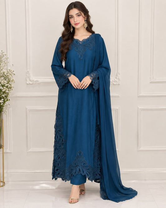 Silk Embroidered Stitched 3pc Suit