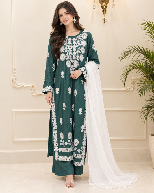 Boski Linen Embroidered Stitched 3pc Suit
