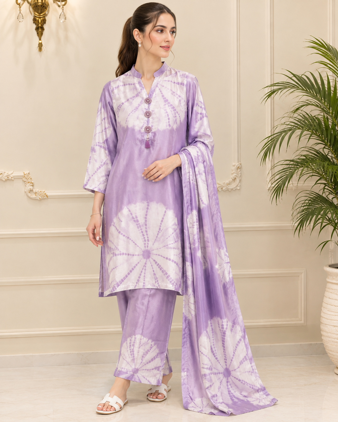 Silk Tie&Dye Printed Stitched 3pc Suit