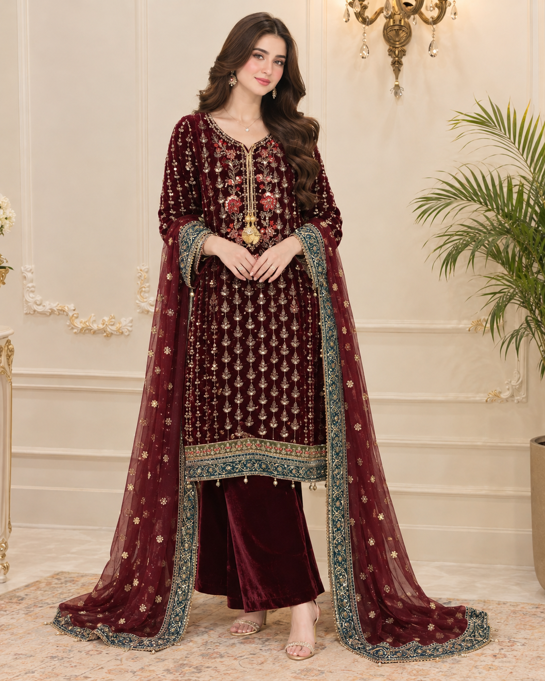 Velvet Embroidered Stitched 3pc Suit