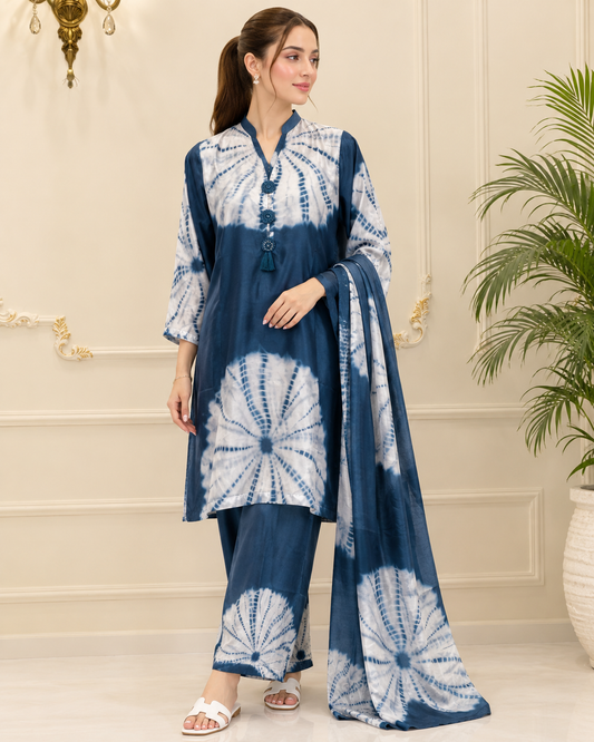 Silk Tie&Dye Printed Stitched 3pc Suit