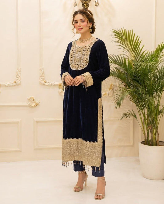 Velvet Embroidered Stitched 2pc Suit