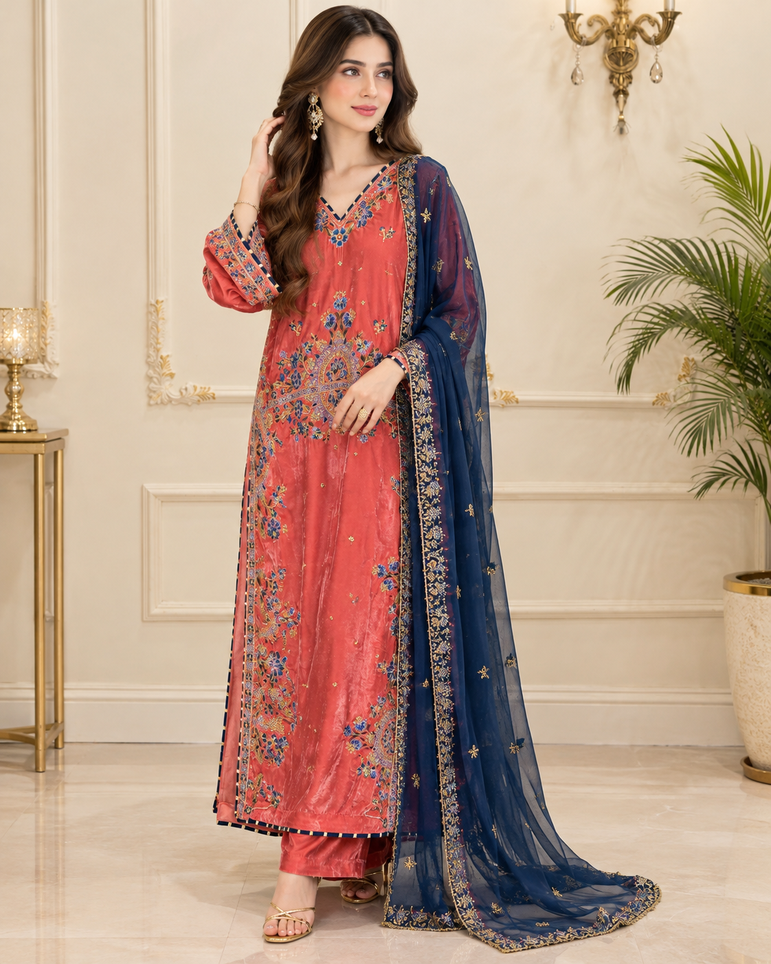 Velvet Embroidered Stitched 3pc kaftan Suit