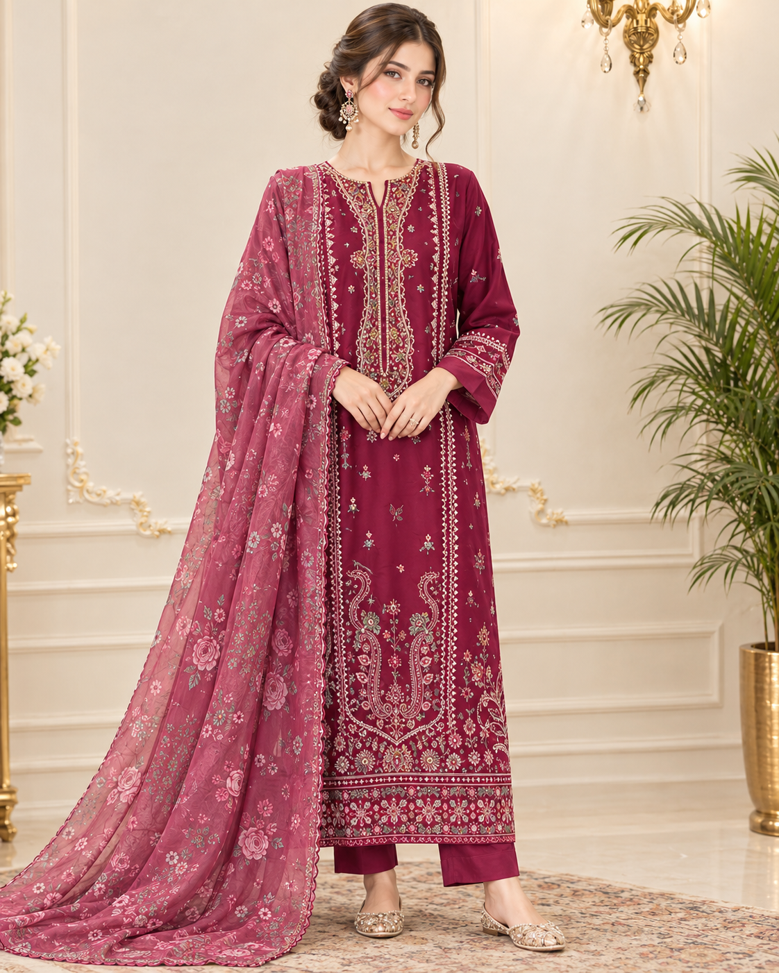 Chiffon Embroidered Stitched 3pc Suit