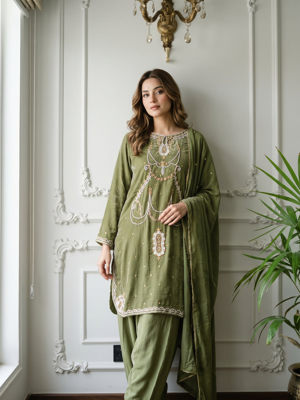 Velvet Embroidered Stitched 3Pc