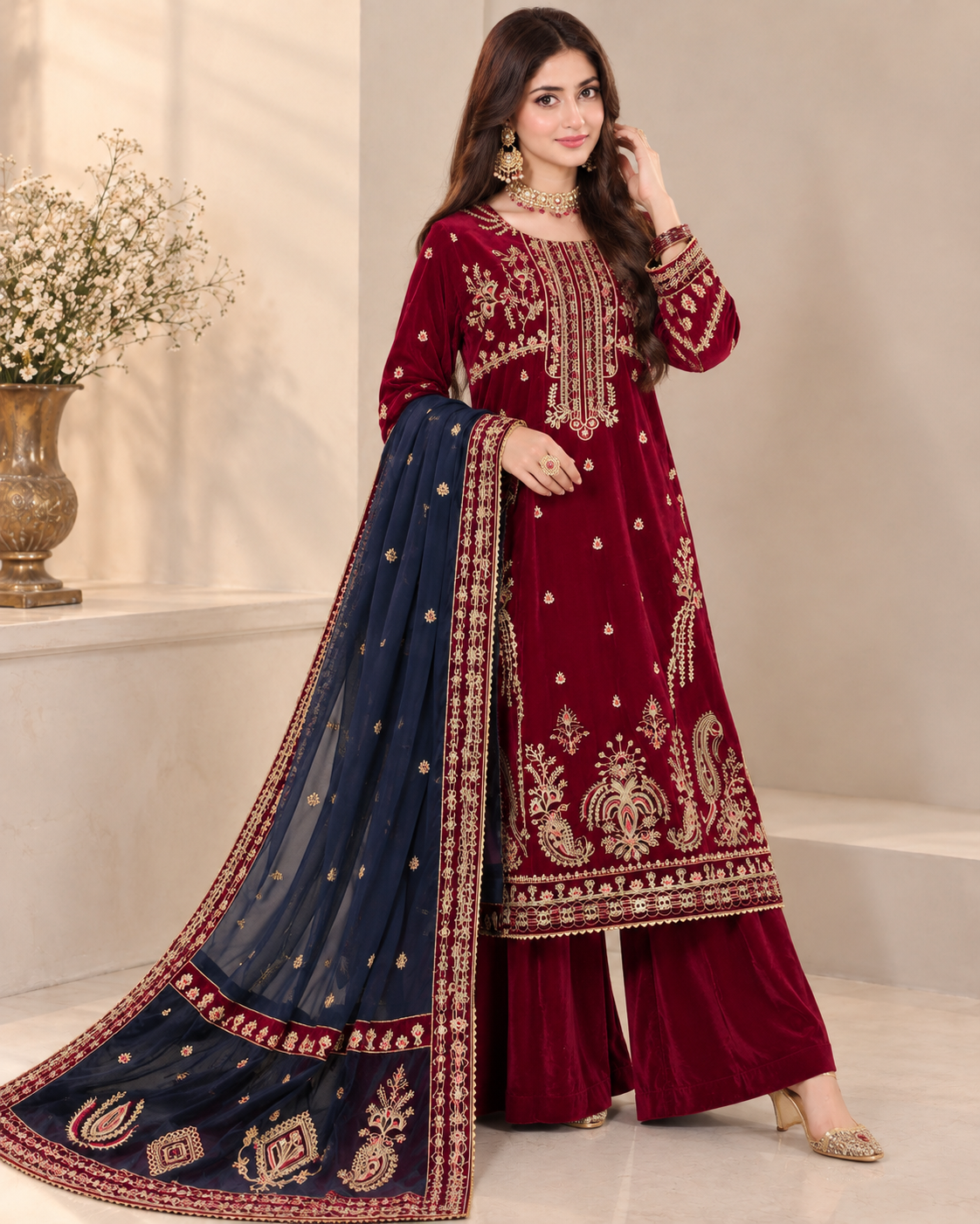 Velvet Embroidered Stitched 3pc Suit