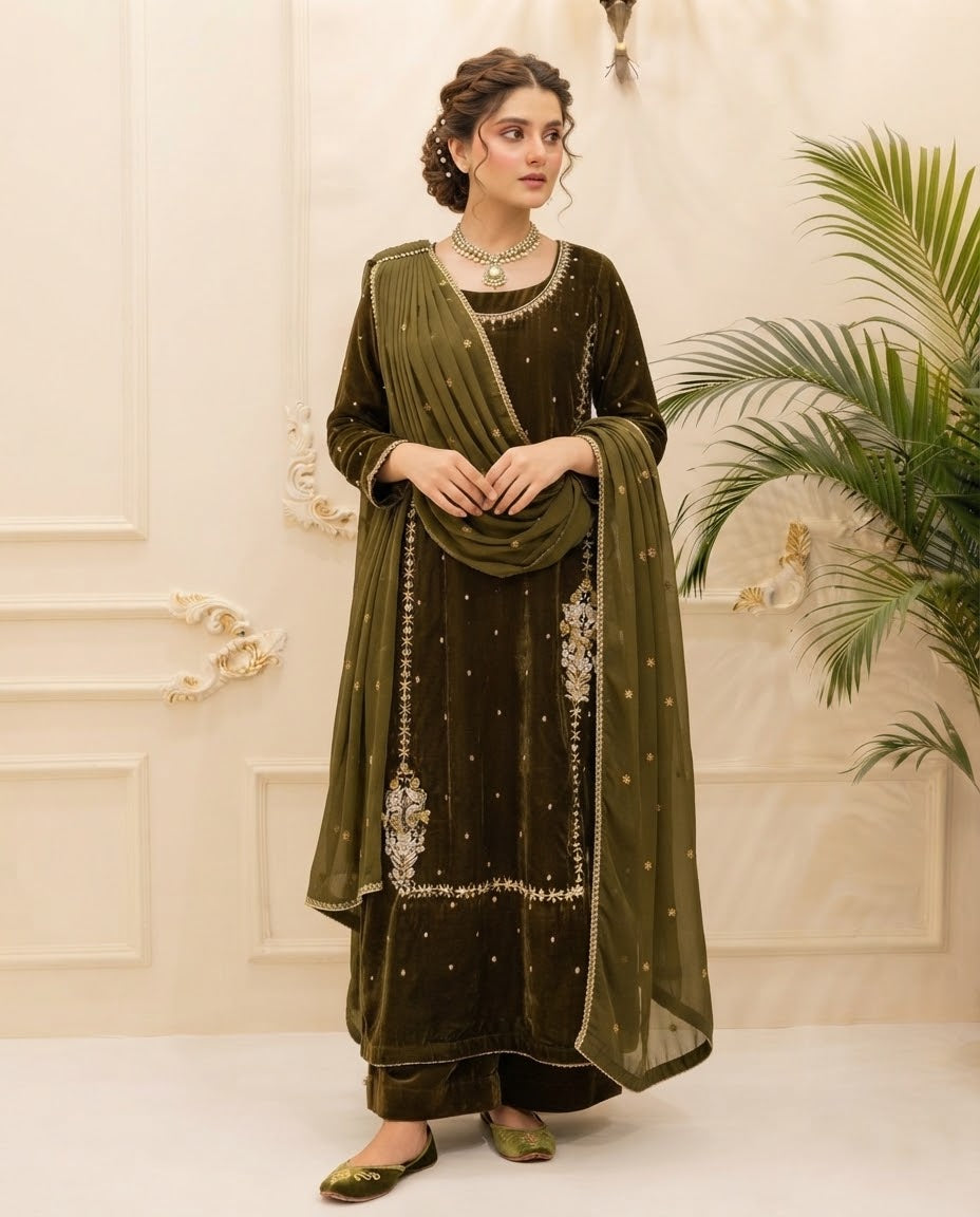 Velvet Embroidered Stitched 3pc Suit BFO-FZ
