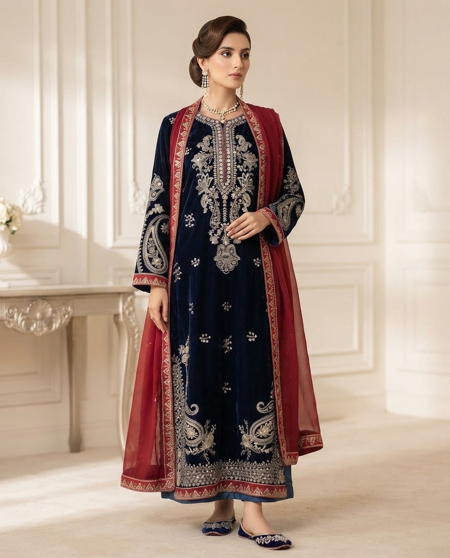 Velvet Embroidered Stitched 3pc Suit BFO-FZ