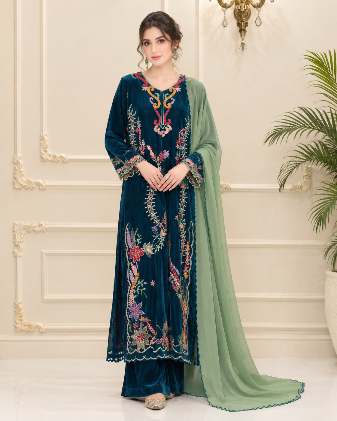 Velvet Embroidered Stitched 3pc Suit