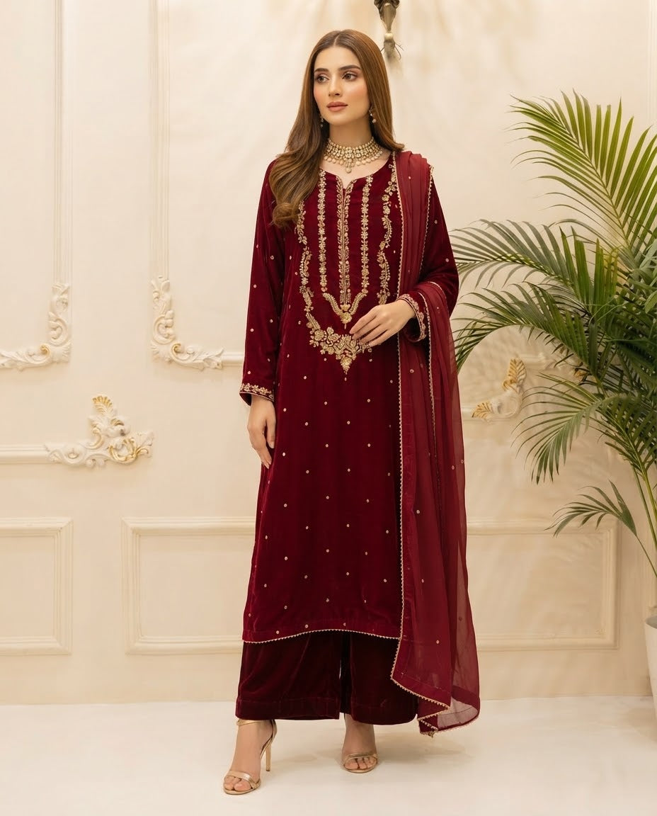 Velvet Embroidered Stitched 3pc Suit BFO-FZ