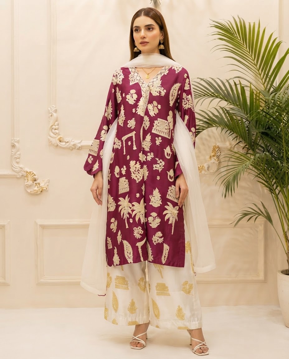 Silk Embroidered Stitched 3pc Suit BFO-MNLS