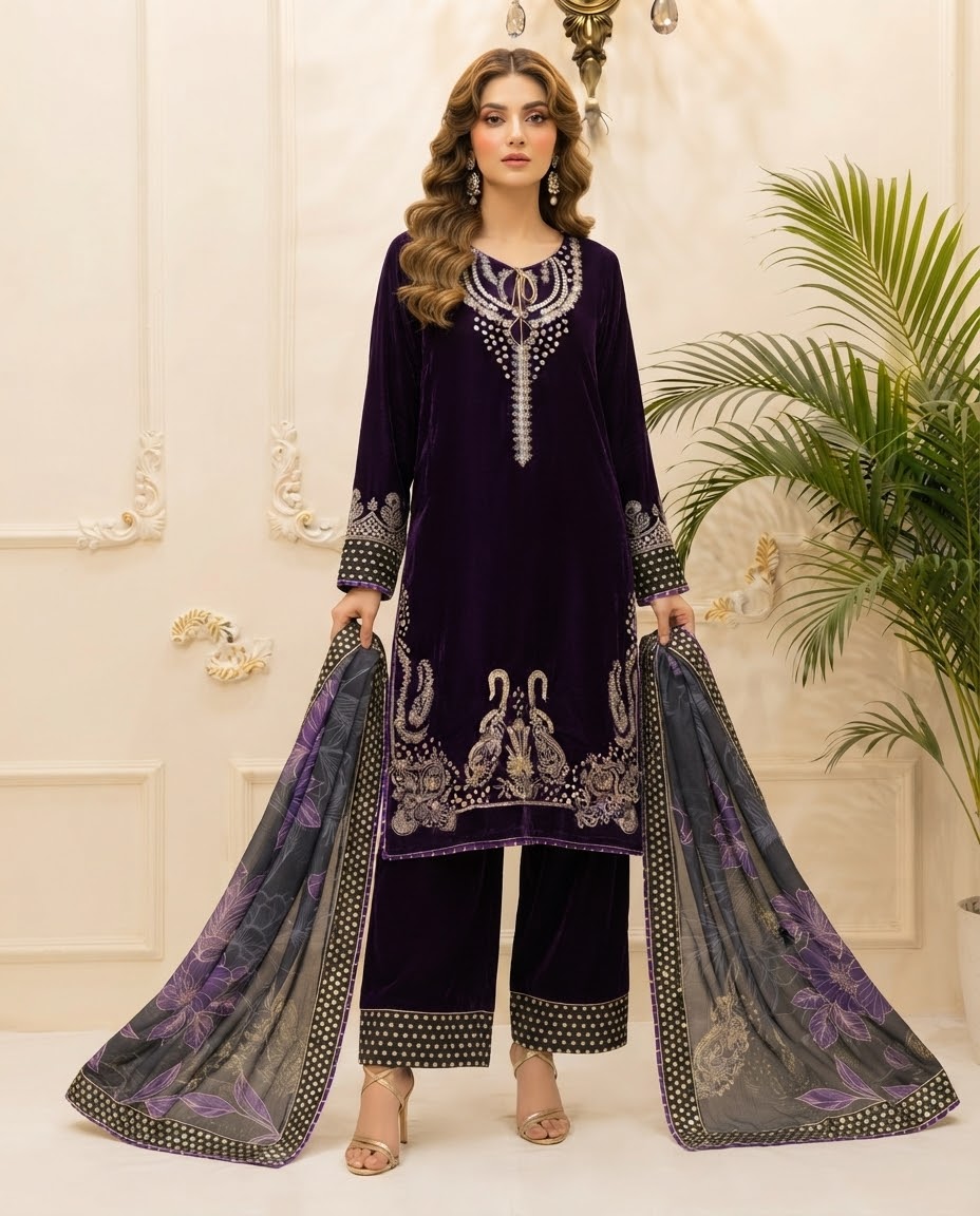 Velvet Embroidered Stitched 3pc Suit BFO-FZ