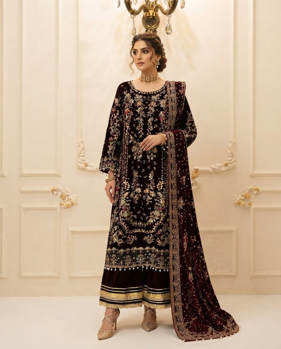 Velvet Embroidered Stitched 3pc Suit BFO-FZ