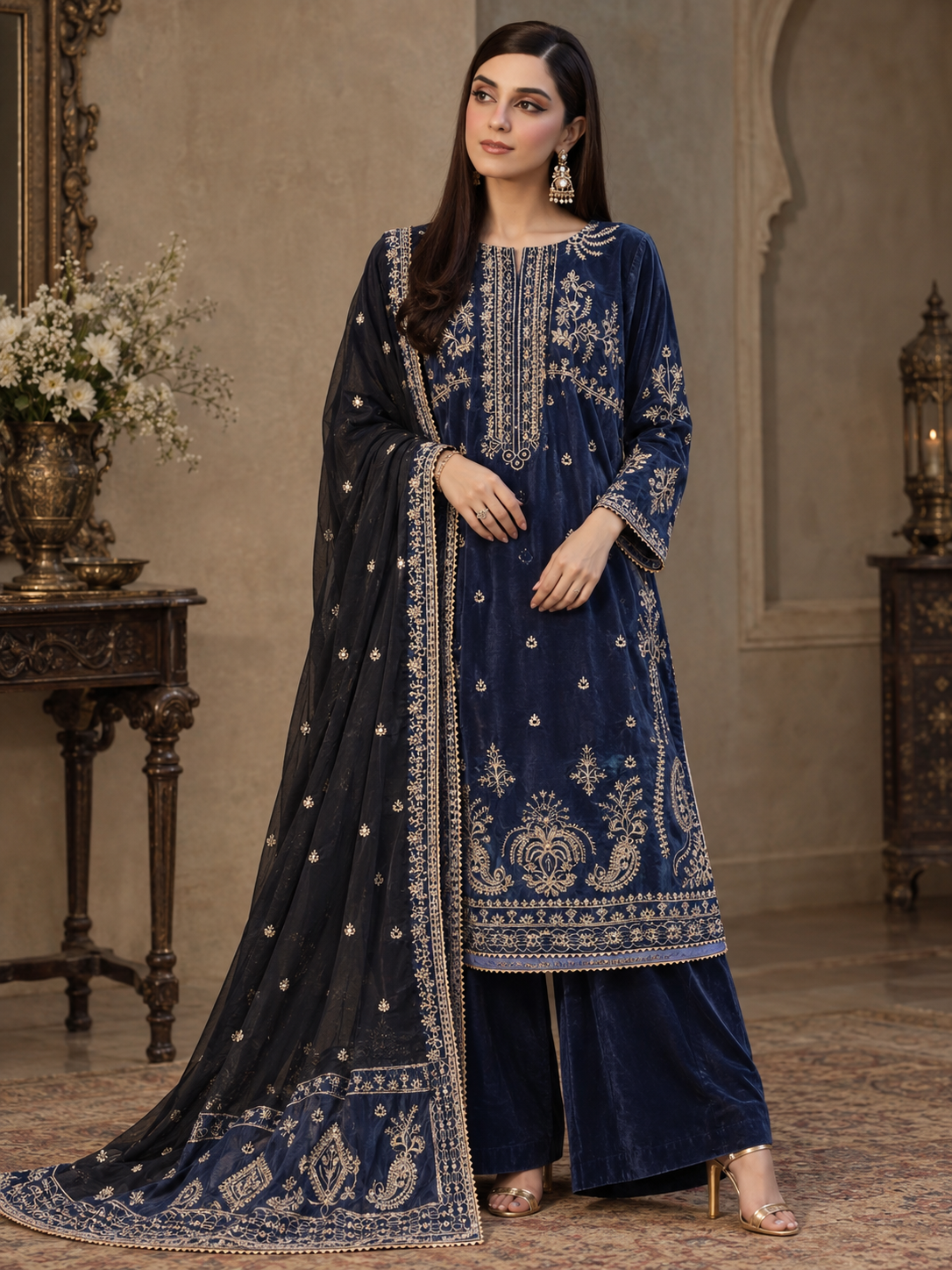 Velvet Embroidered Stitched 3pc Suit