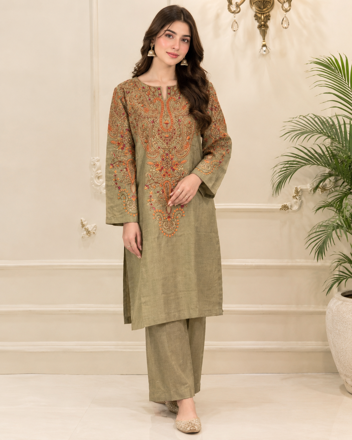 Pashmina Embroidered Stitched 2pc Suit