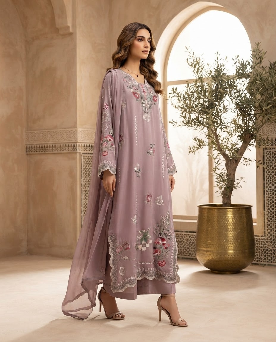 Pure Silk Embroidered Stitched 3pc kaftan Suit BFO-MNLS