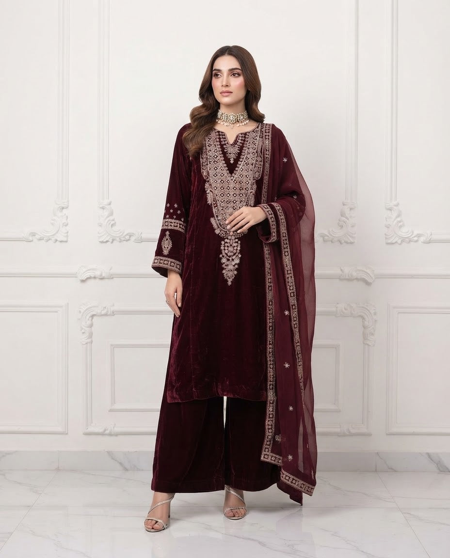 Velvet Embroidered Stitched 3pc Suit BFO-FZ