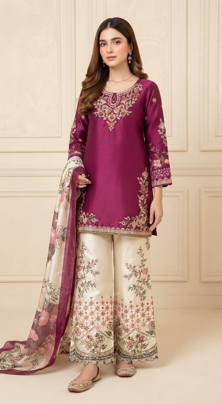 Silk Embroidered Stitched 3pc Suit BFO-MNLS