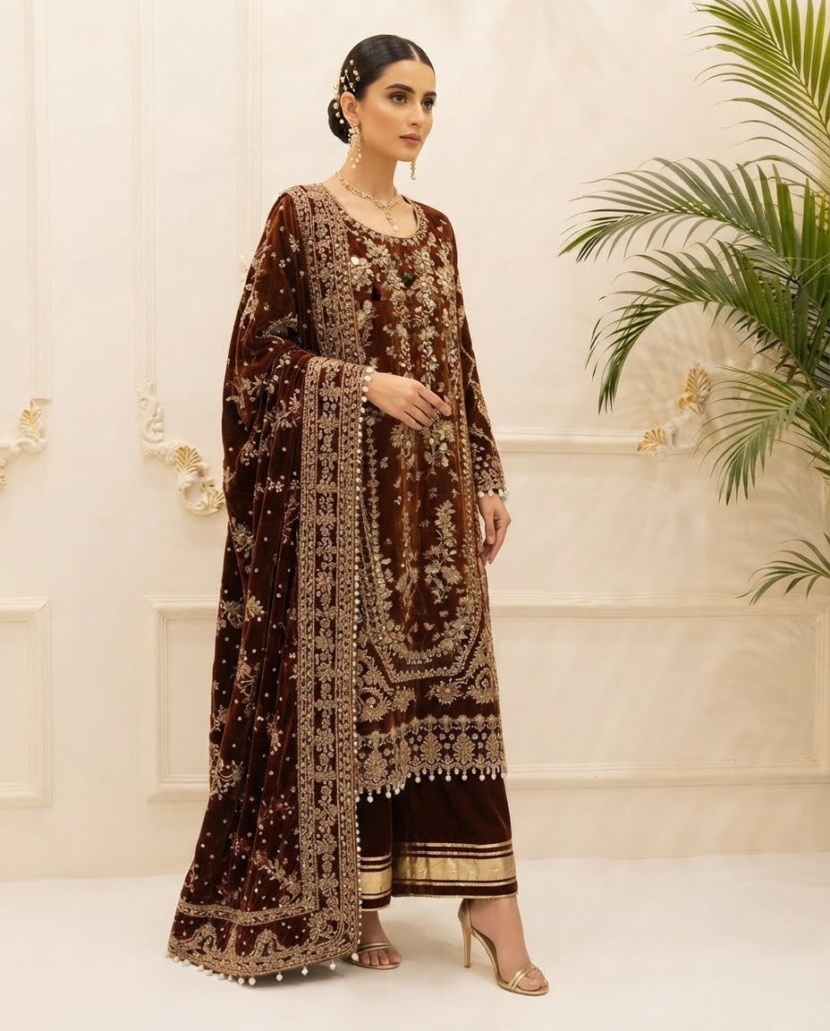 Velvet Embroidered Stitched 3pc Suit BFO-FZ