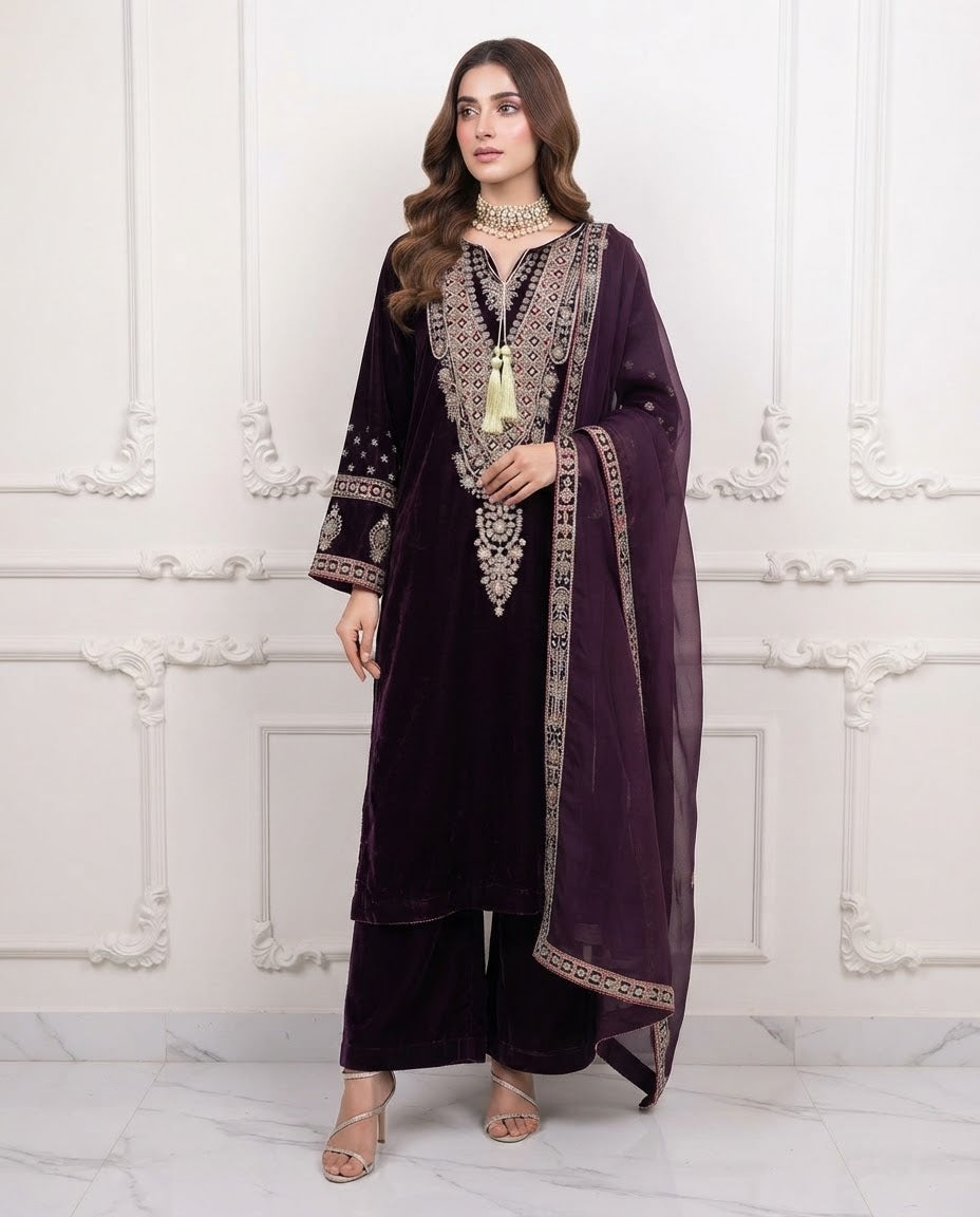 Velvet Embroidered Stitched 3pc Suit BFO-FZ