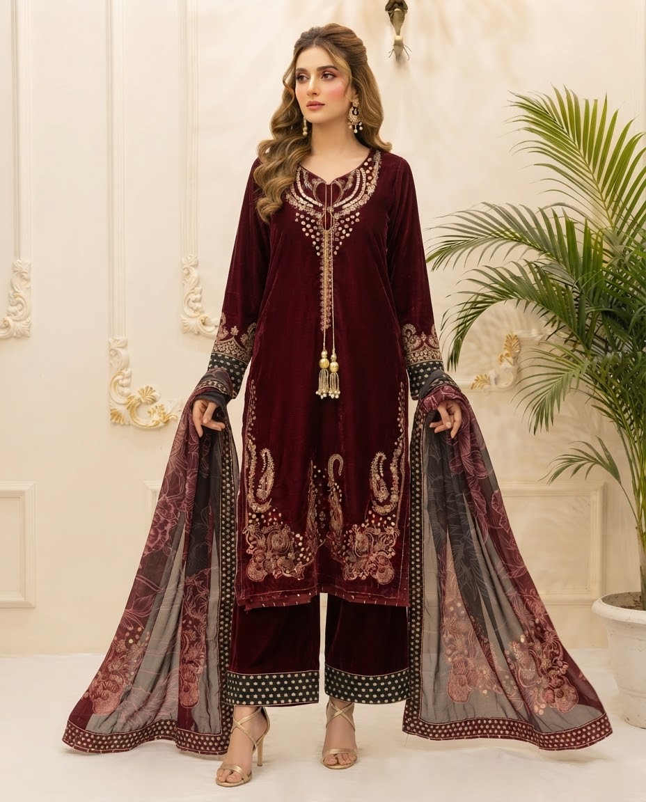 Velvet Embroidered Stitched 3pc Suit BFO-FZ