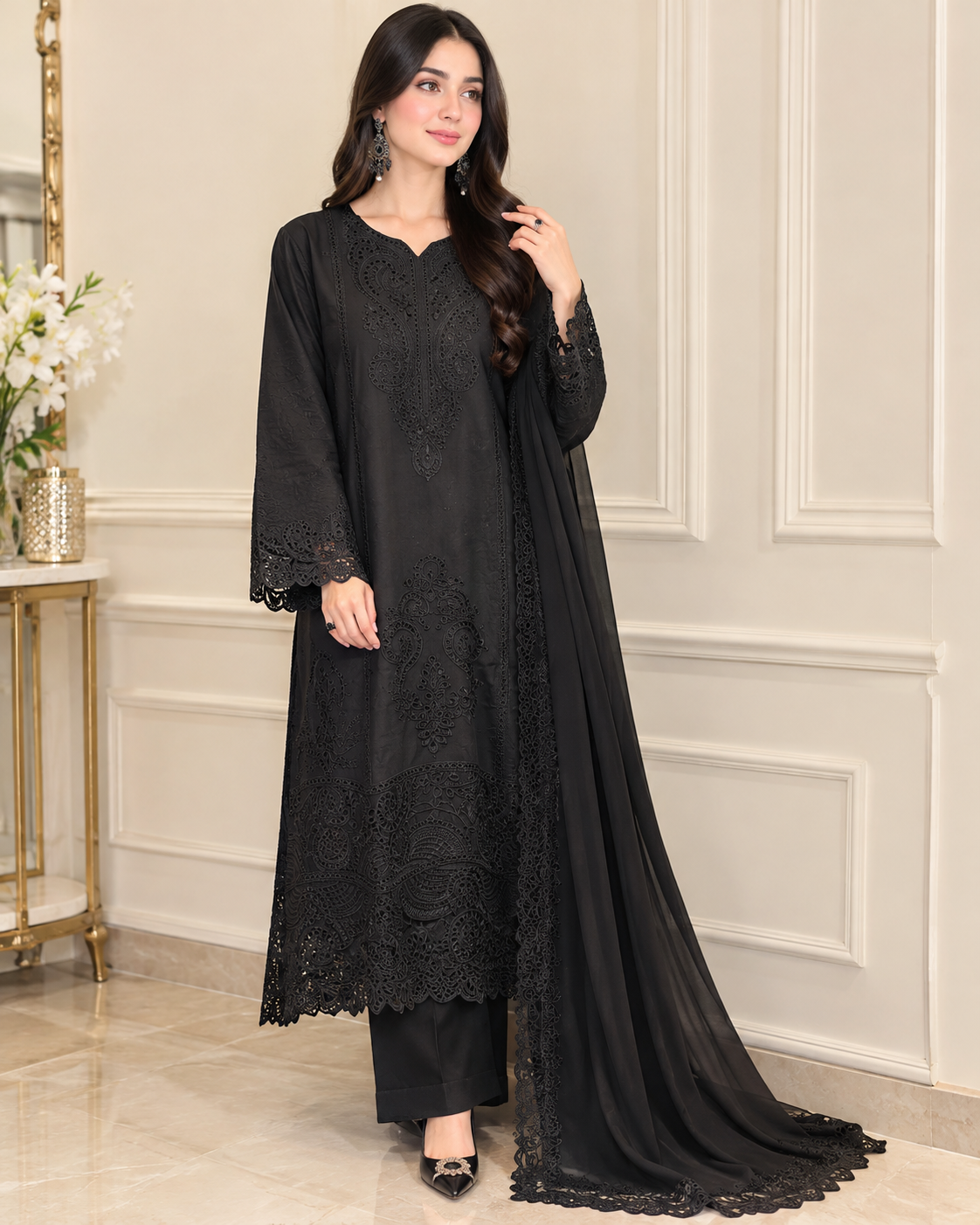Cotton Embroidered Stitched 3pc Suit