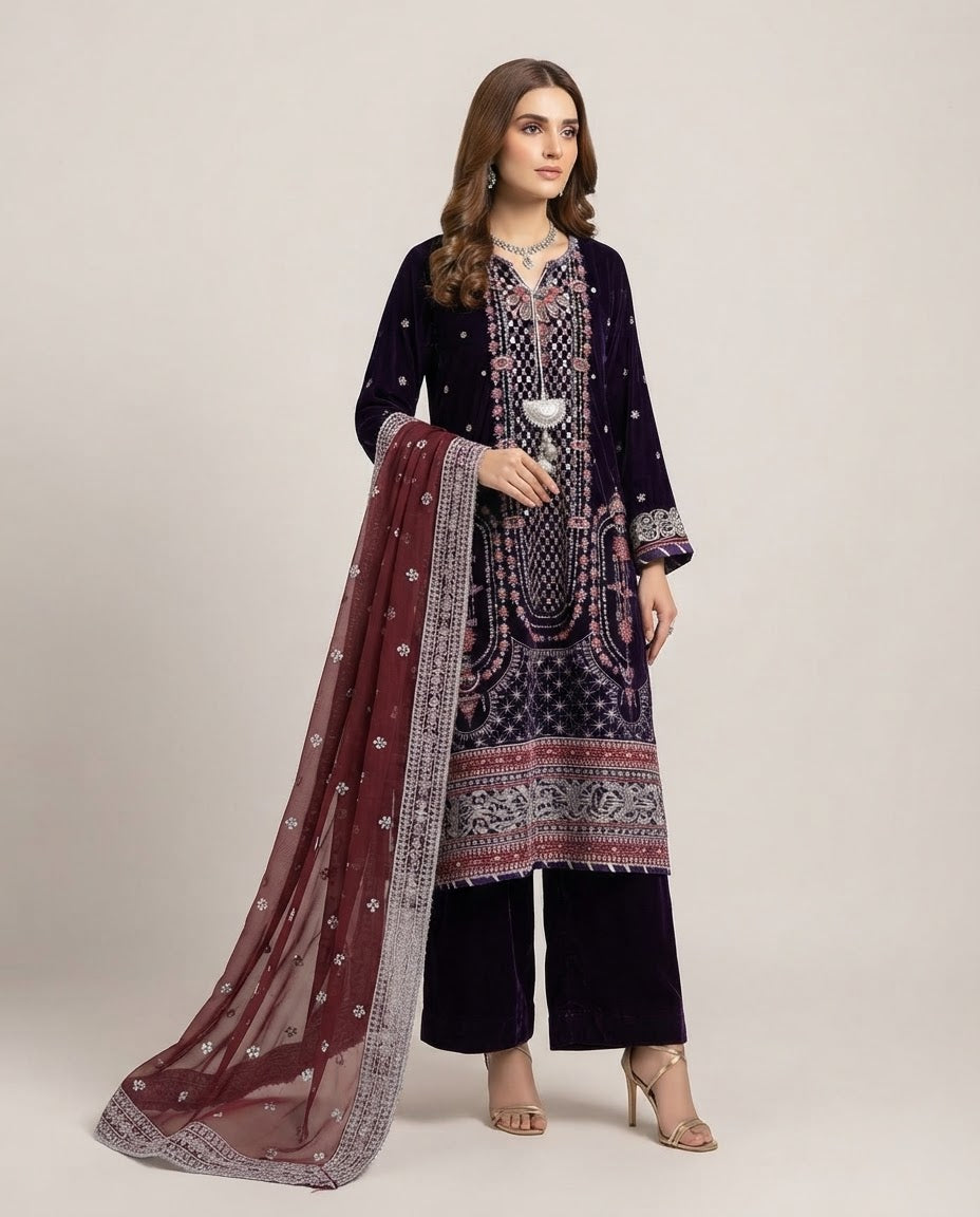 Velvet Embroidered Stitched 3pc Suit BFO-FZ