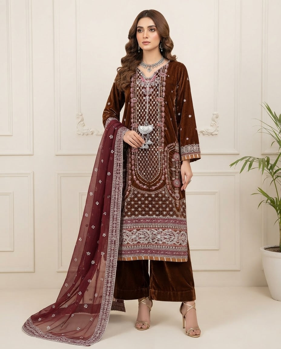 Velvet Embroidered Stitched 3pc Suit BFO-FZ