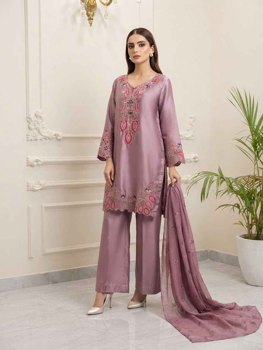 Shamoose Silk Short Kaftan Stitched 3-pc BFO-MNLS