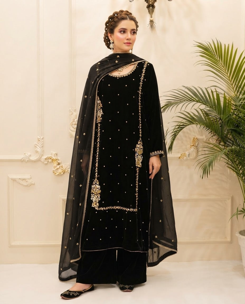 Velvet Embroidered Stitched 3pc Suit BFO-FZ