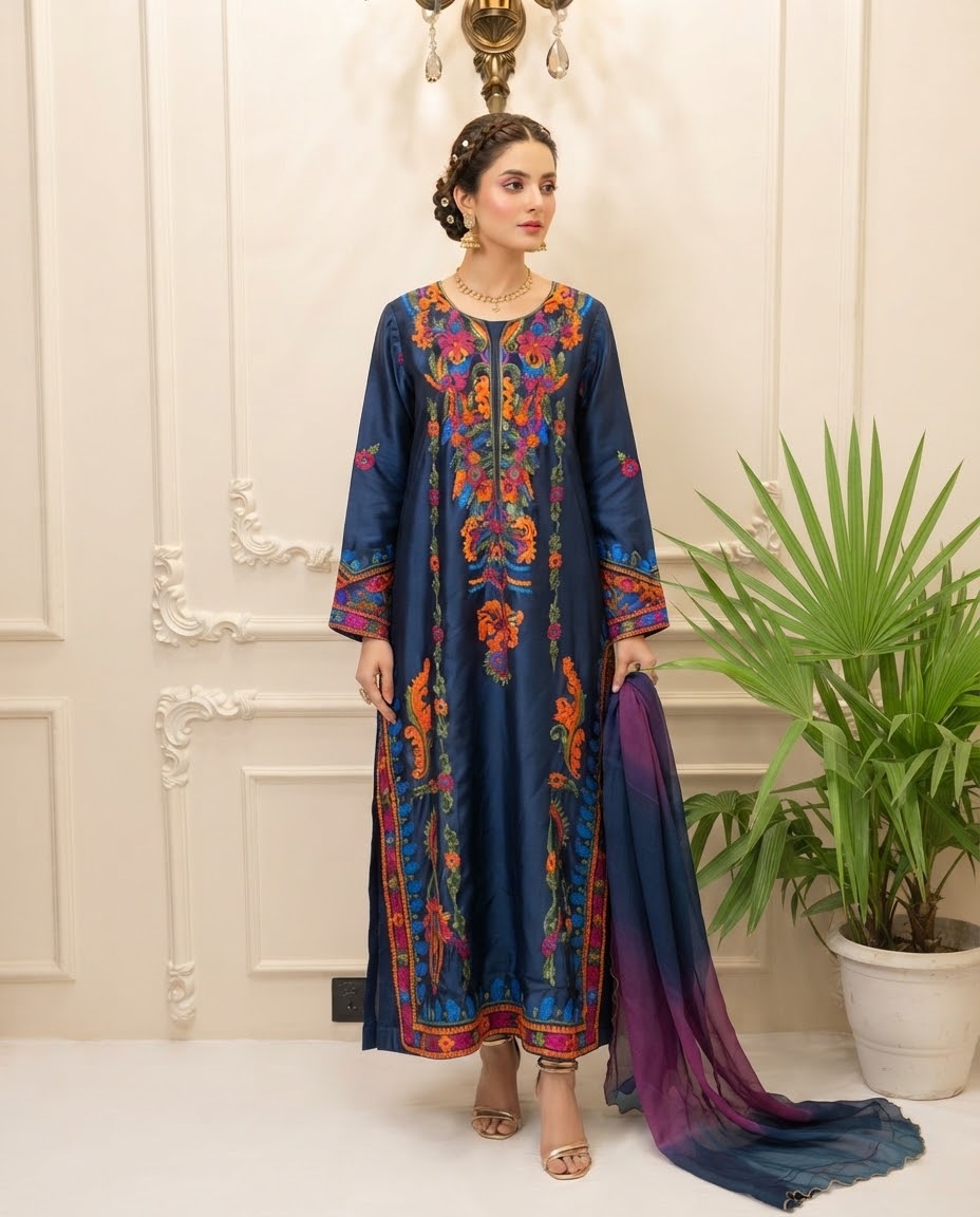 Silk Embroidered Stitched 3pc Suit BFO-MNLS
