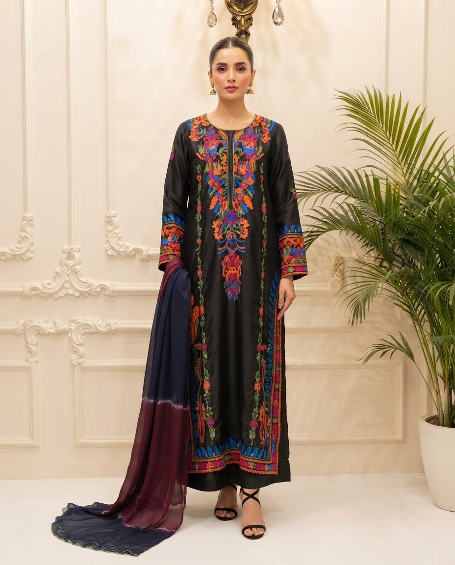 Silk Embroidered Stitched 3pc Suit BFO-MNLS