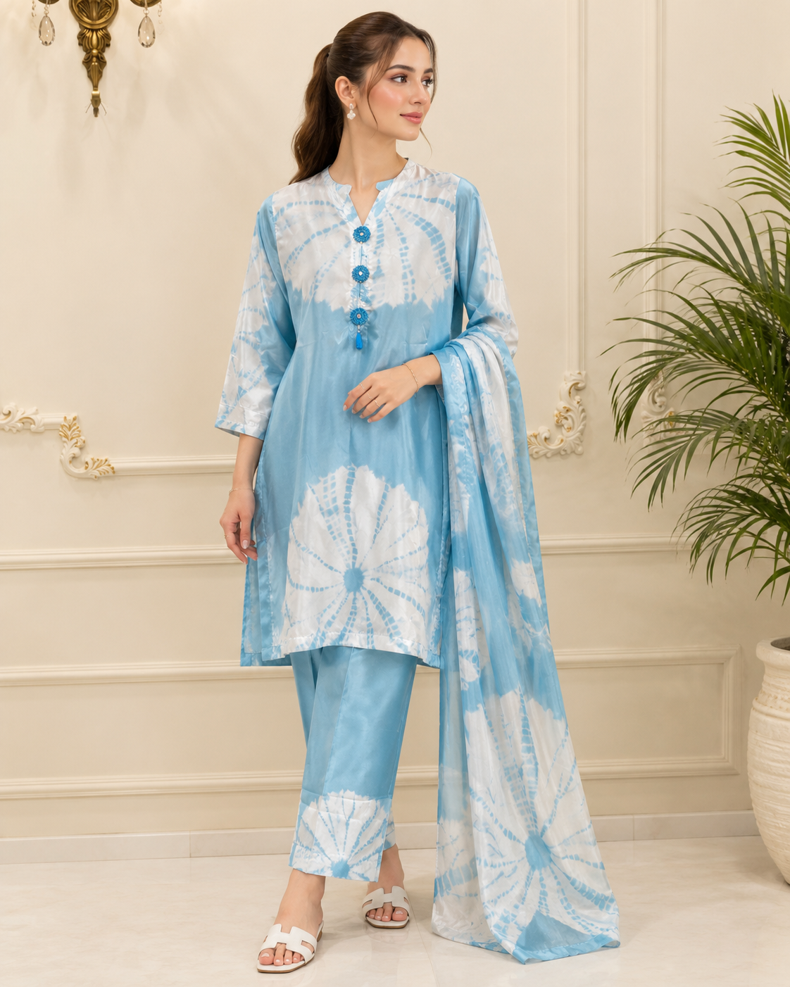 Silk Tie&Dye Printed Stitched 3pc Suit