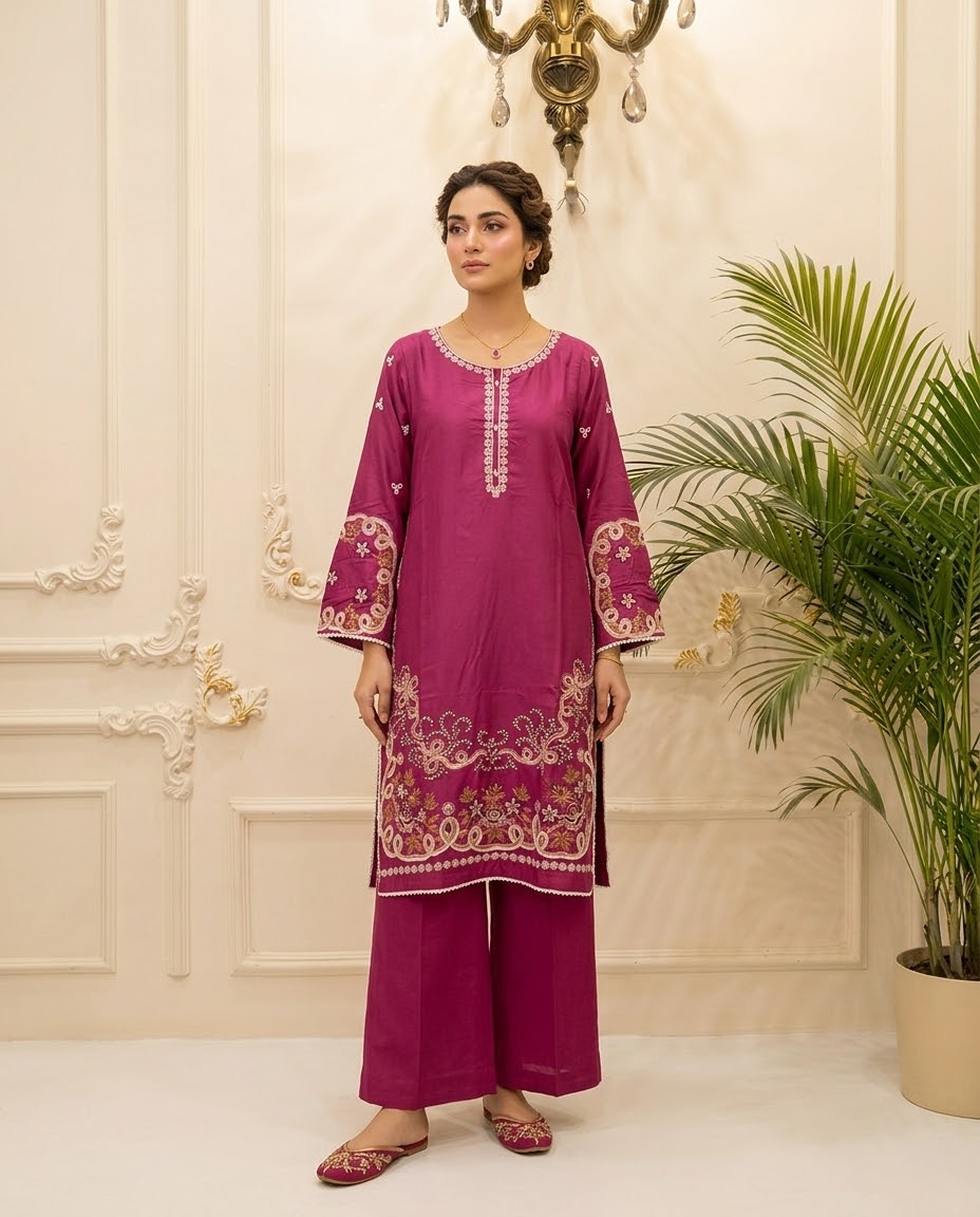 Linen Embroidered Stitched 2pc Suit