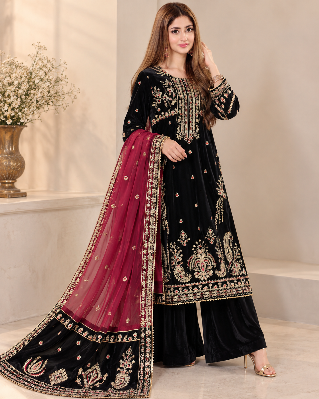 Velvet Embroidered Stitched 3pc Suit