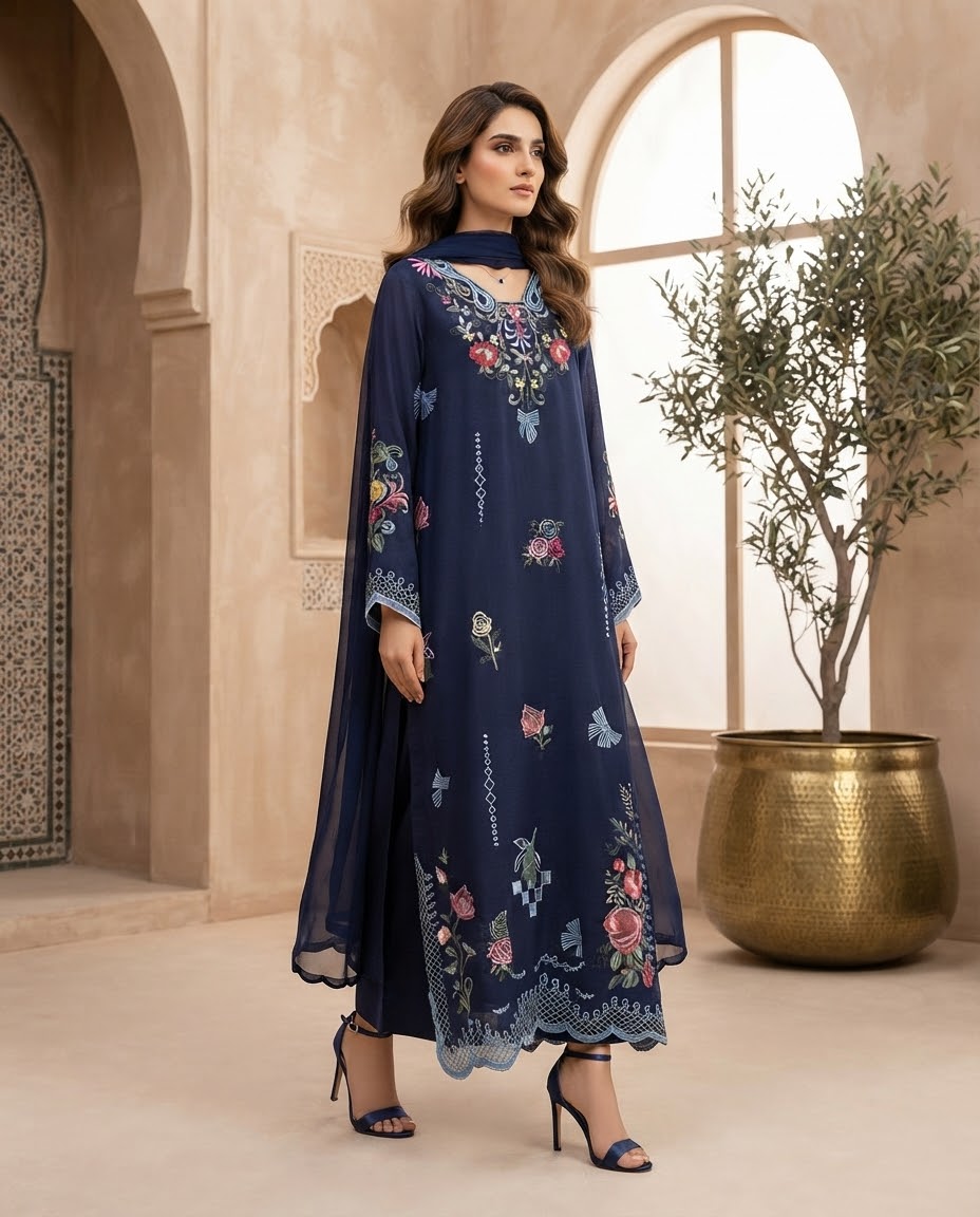 Pure Silk Embroidered Stitched 3pc kaftan Suit BFO-MNLS
