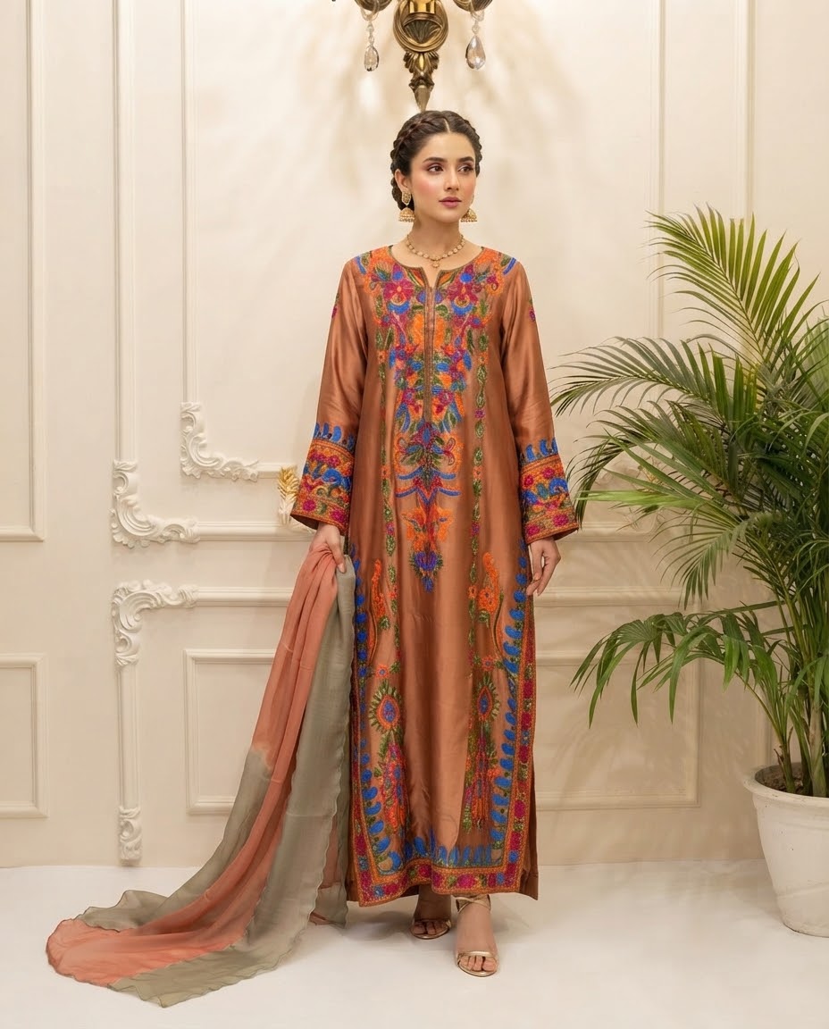 Silk Embroidered Stitched 3pc Suit BFO-MNLS