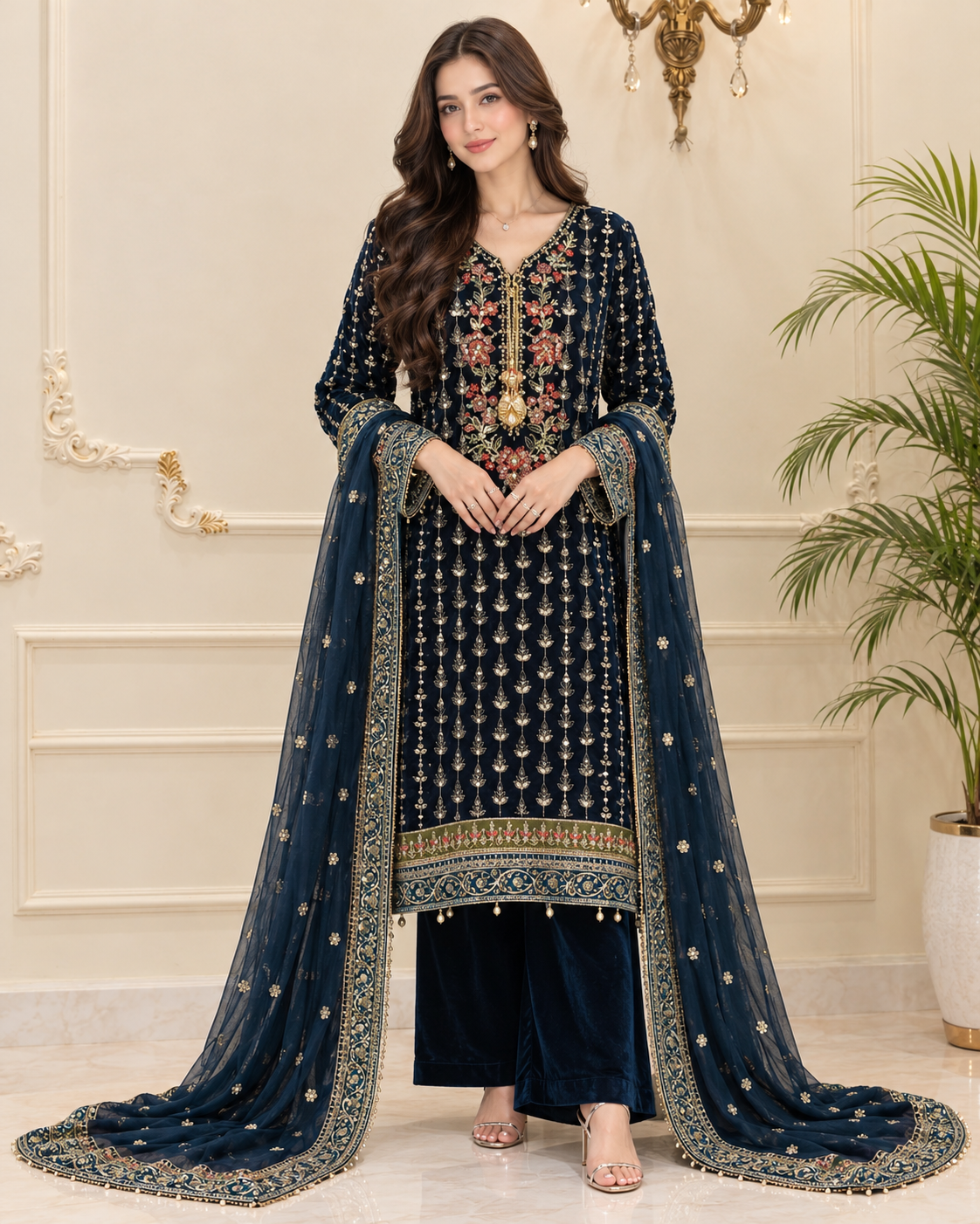 Velvet Embroidered Stitched 3pc Suit