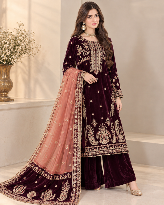 Velvet Embroidered Stitched 3pc Suit