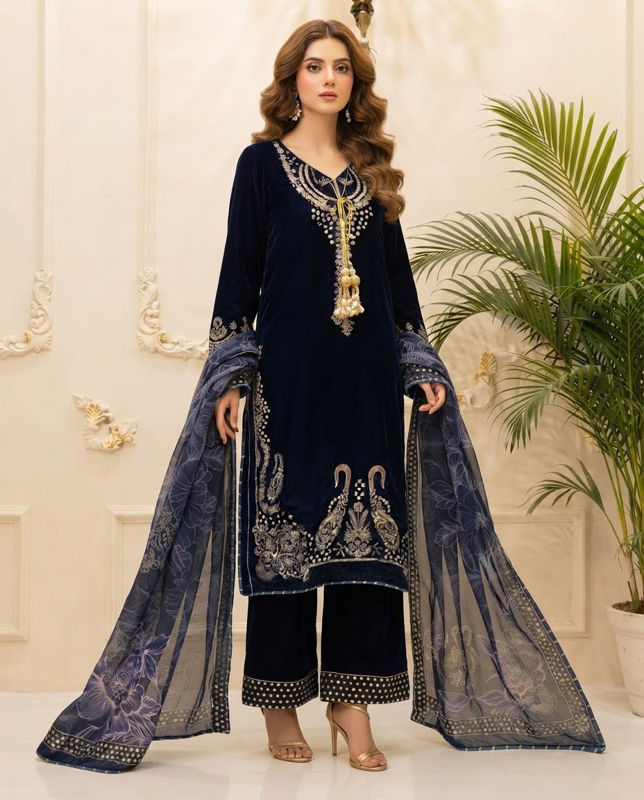 Velvet Embroidered Stitched 3pc Suit BFO-FZ