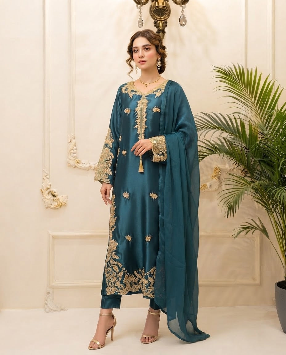 Silk Embroidered Stitched Kaftan 3pc Suit BFO-MNLS