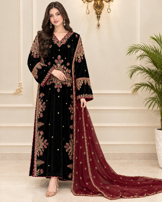 Velvet Embroidered Stitched 3pc kaftan Suit