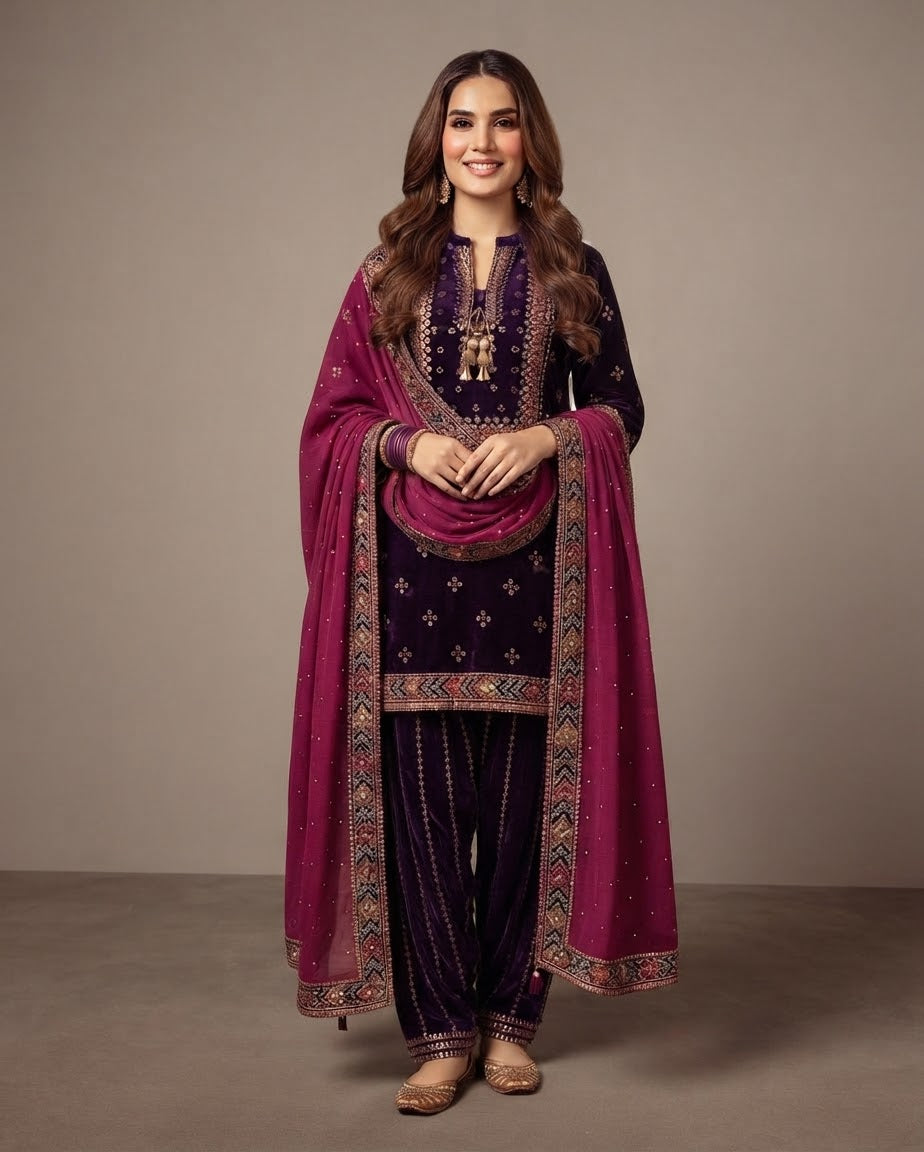 Velvet Embroidered Stitched 3-pc BFO-FZ