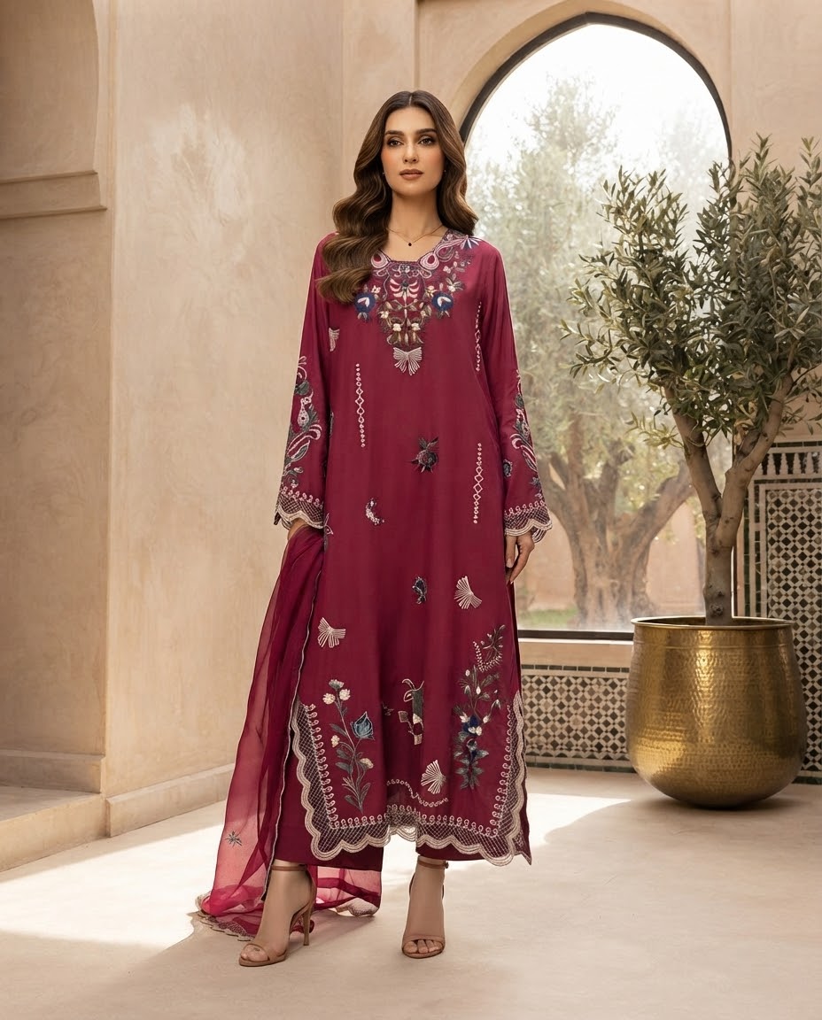 Pure Silk Embroidered Stitched 3pc kaftan Suit BFO-MNLS
