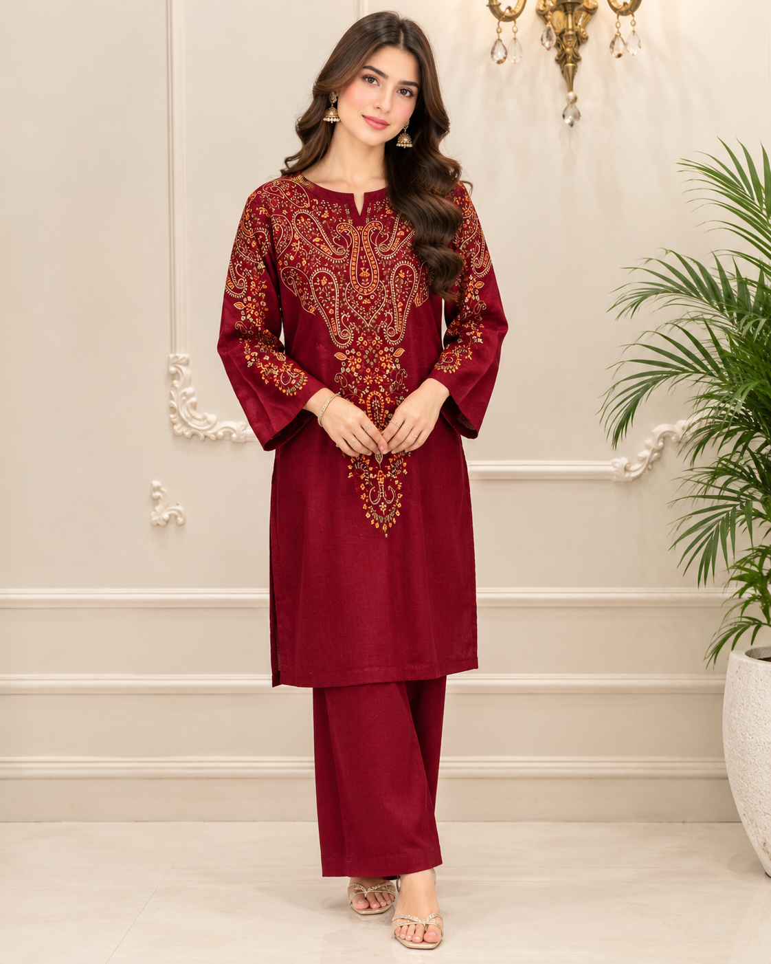 Pashmina Embroidered Stitched 2pc Suit