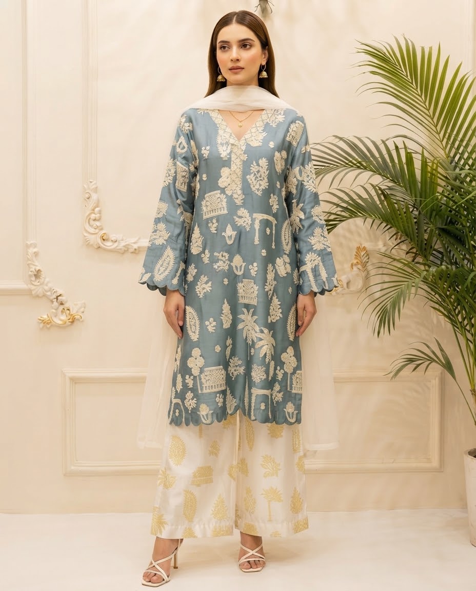 Silk Embroidered Stitched 3pc Suit BFO-MNLS