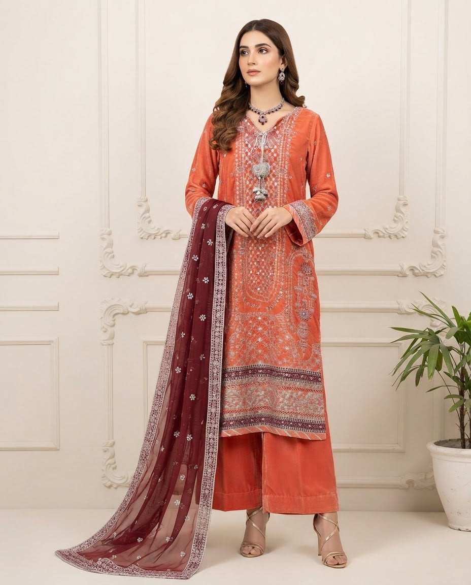 Velvet Embroidered Stitched 3pc Suit BFO-FZ
